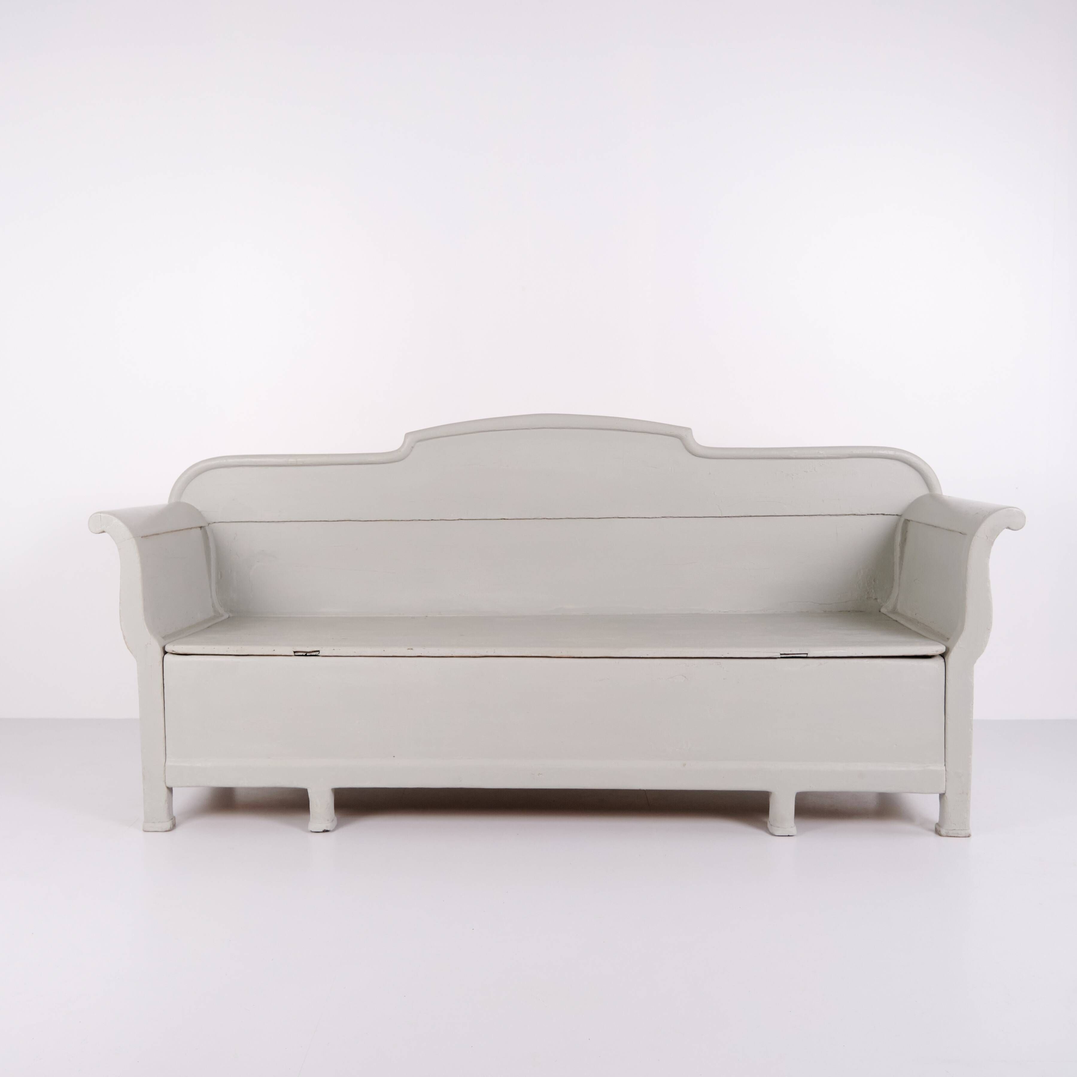 Antique storage bench – grey painted – pine wood – 1890s