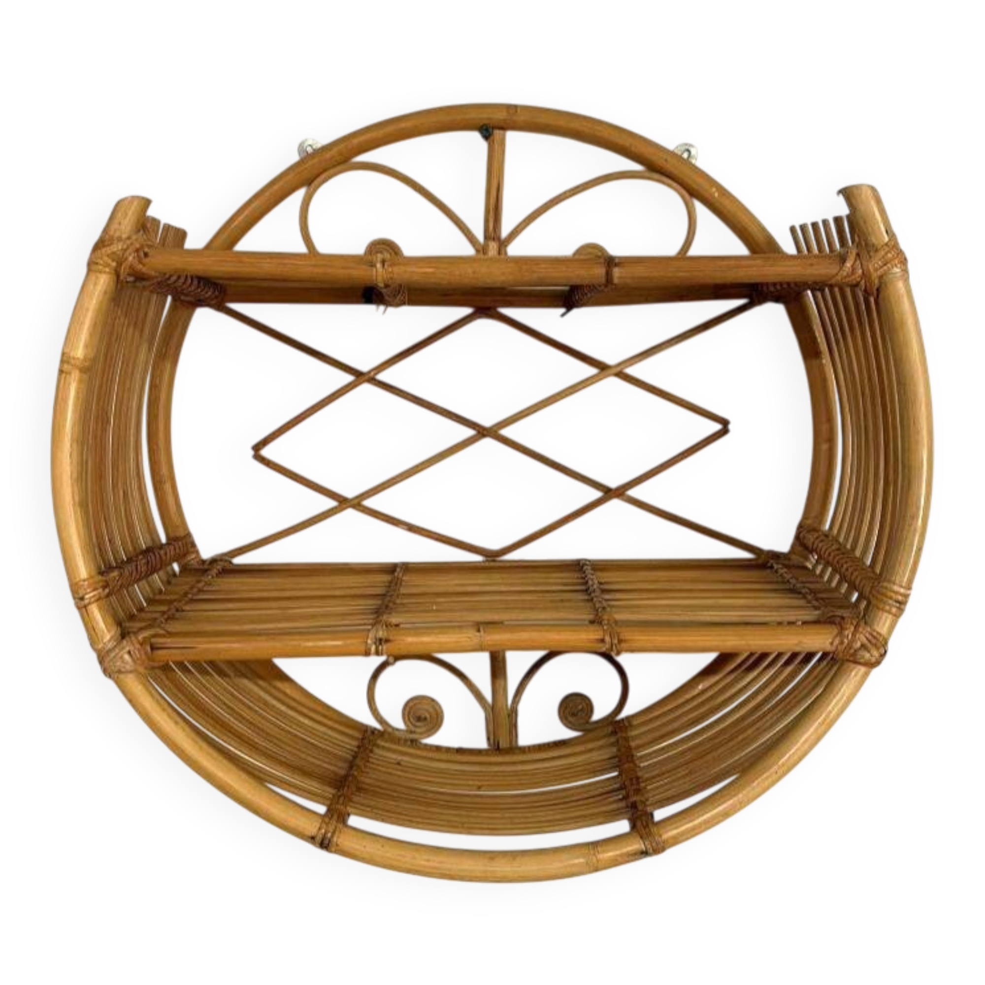 Vintage round rattan wall shelf – 70s bohemian style