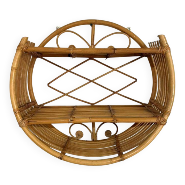 Étagère murale ronde en rotin vintage – style bohème années 70