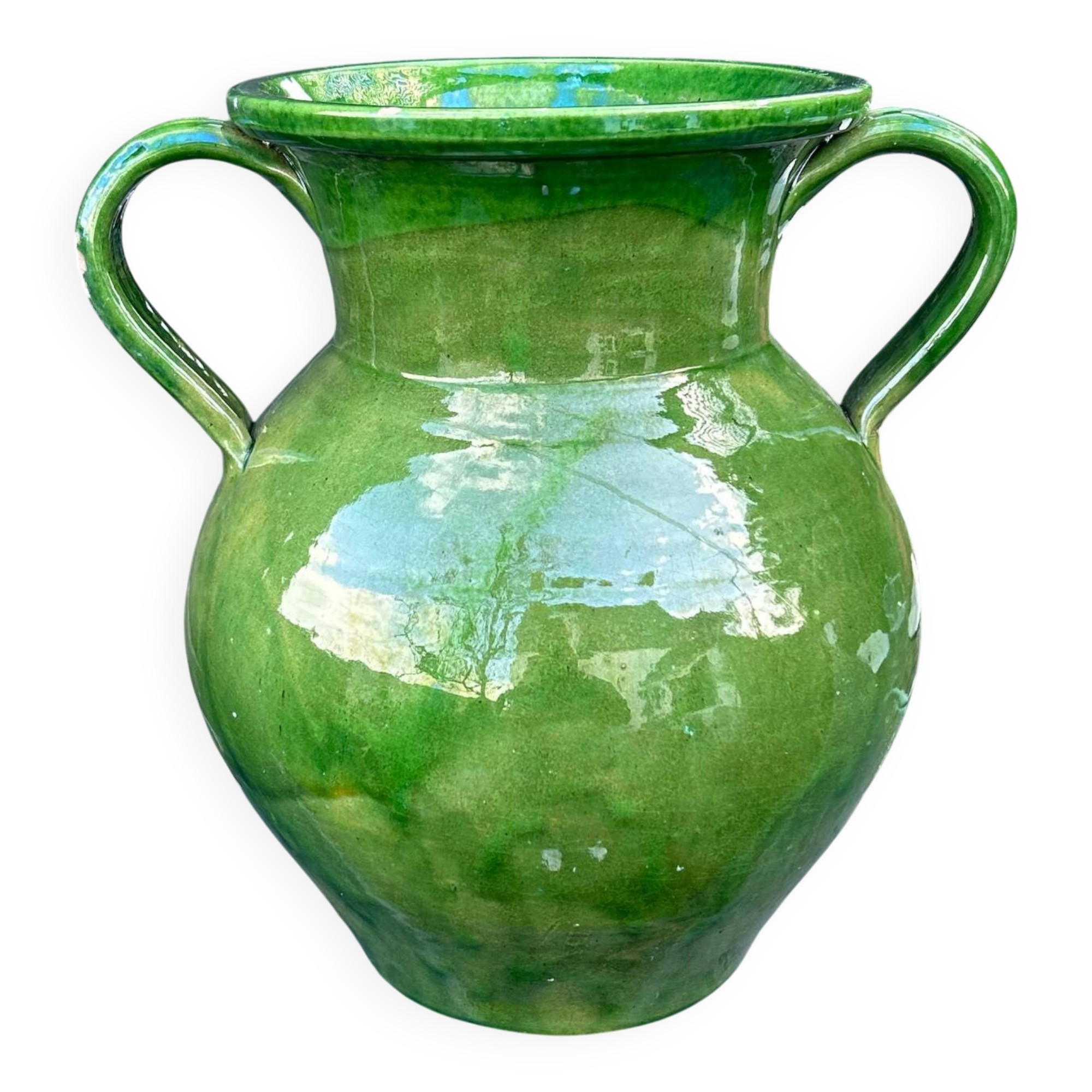 Large green enameled jar