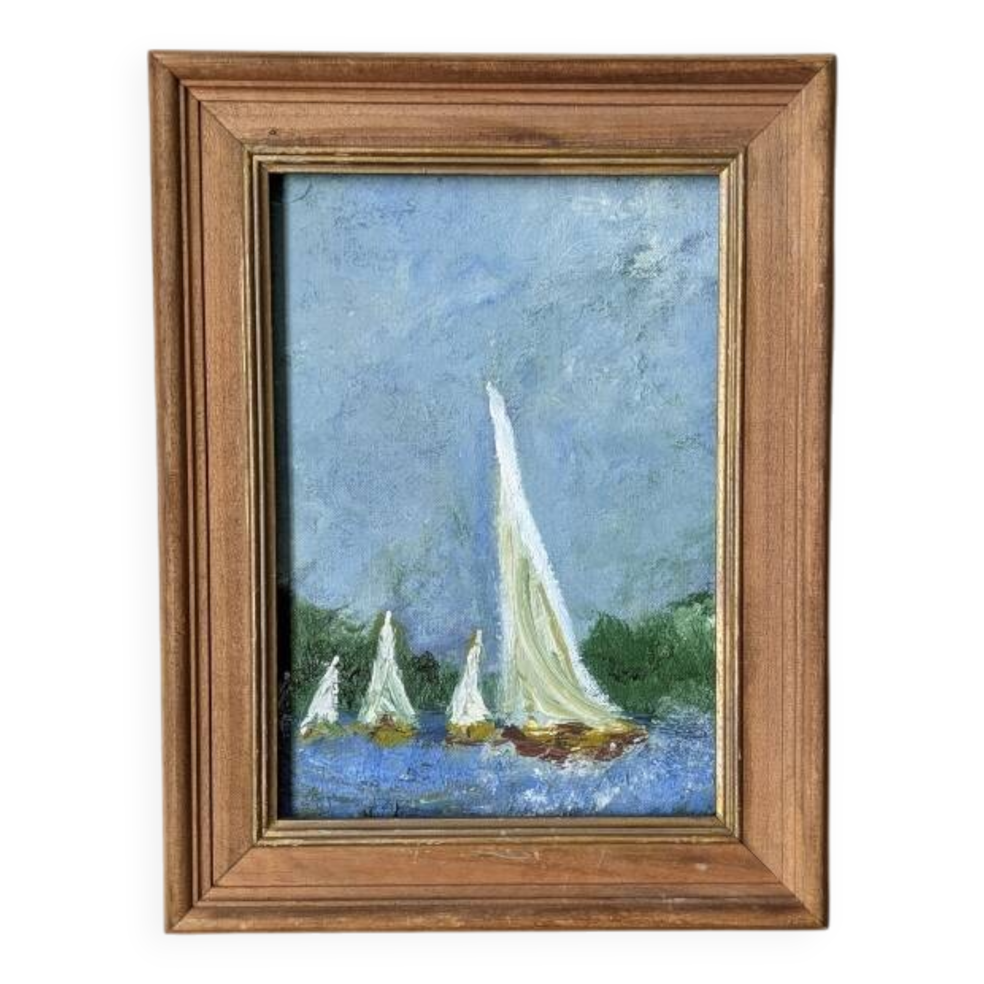 Old acrylic painting on canvas sailboats boats seaside