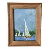 Old acrylic painting on canvas sailboats boats seaside