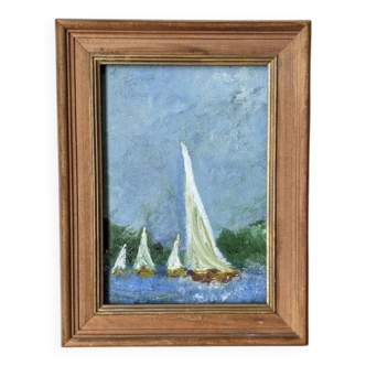 Old acrylic painting on canvas sailboats boats seaside