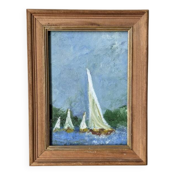Tableau ancien acrylique sur toile, voiliers, bateaux, bord de mer