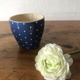 4 small blue artisan earthenware mugs with a white pea pattern
