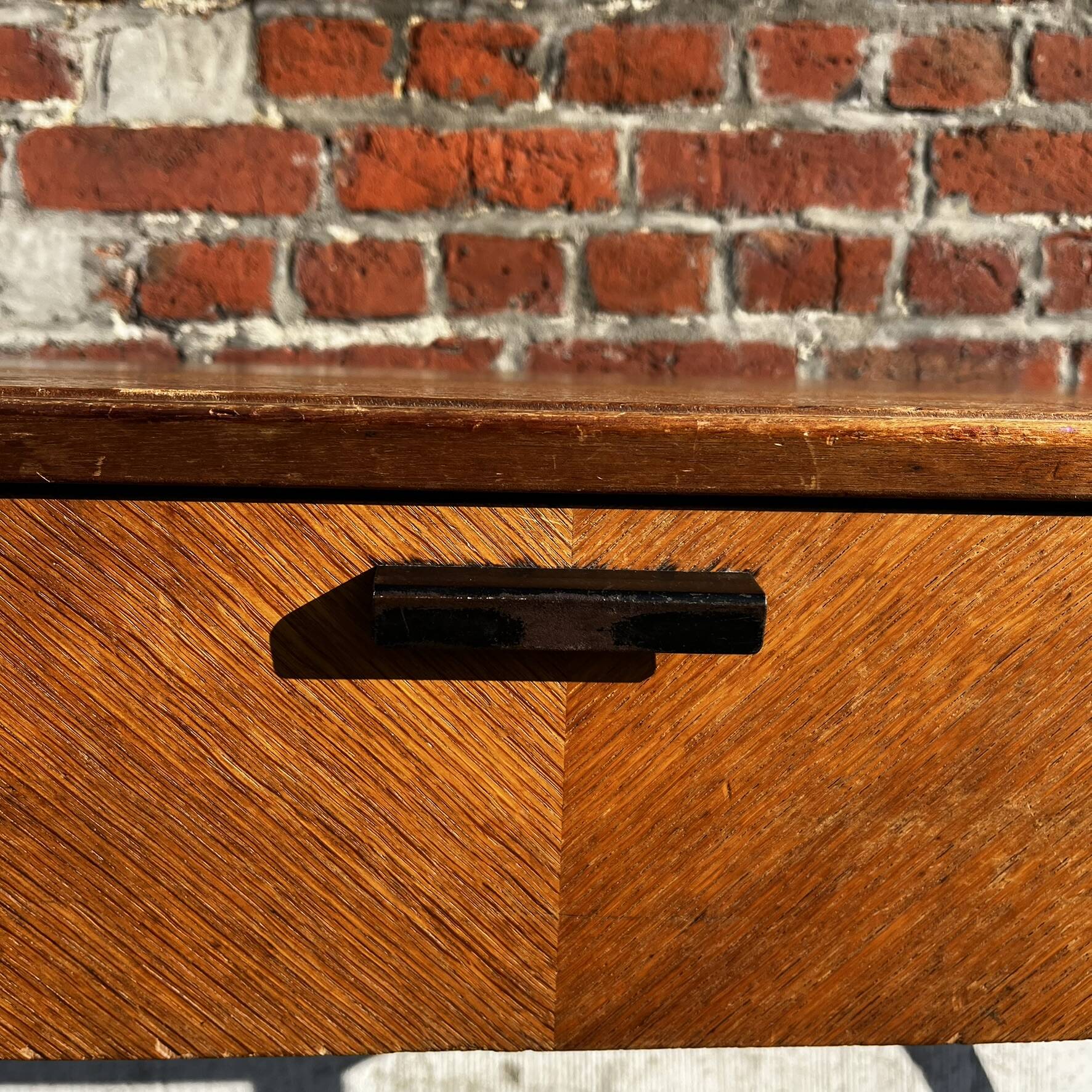 Vintage wooden console/desk with tapered legs.