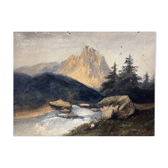 Tableau Aquarelle XIX° siècle "Paysage de torrent et montagne"