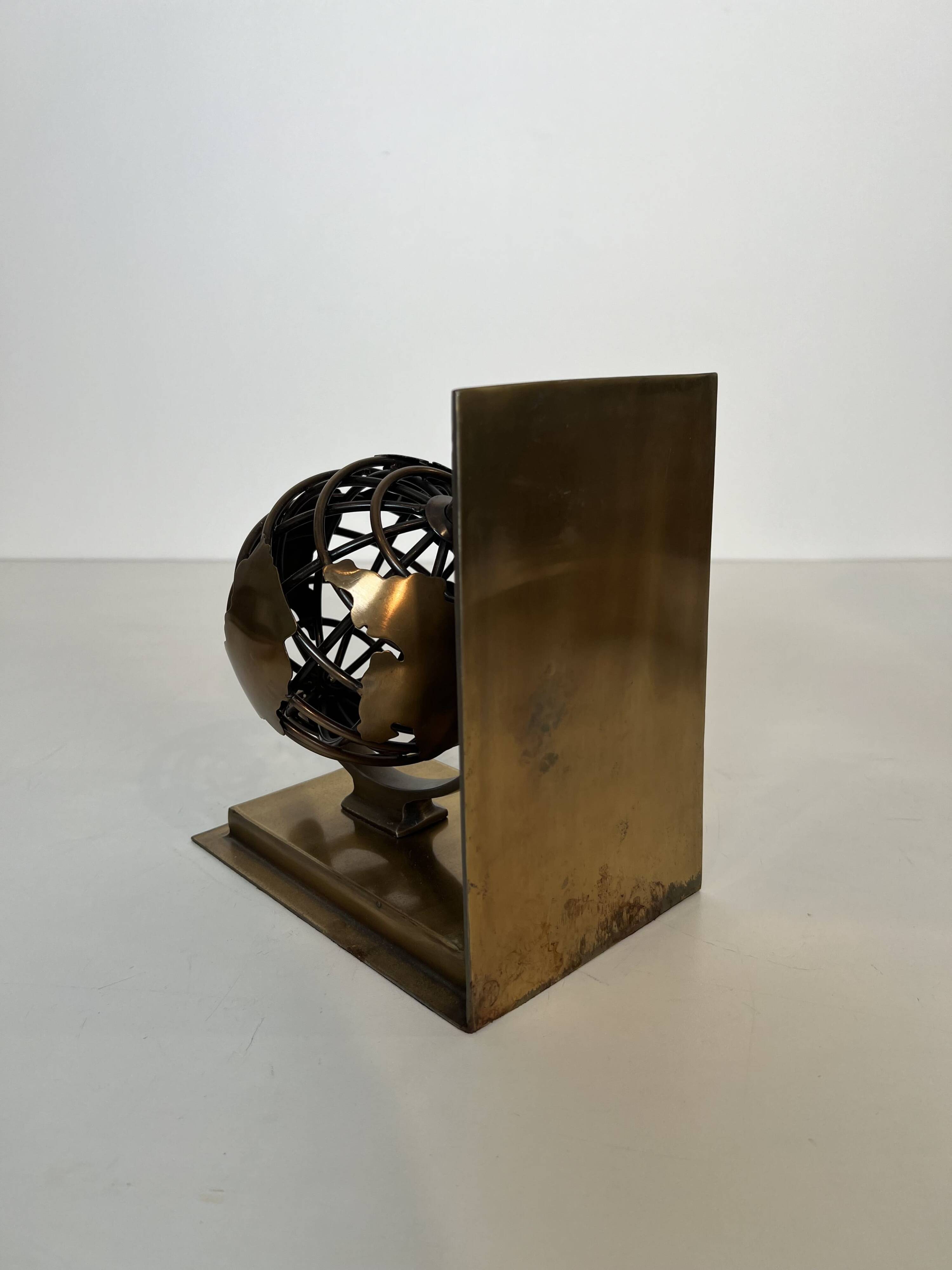 Pair of Brass Bookends with Openwork Globe Decorations. Work