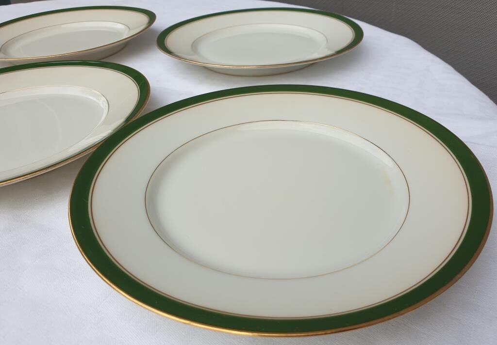Set 6 porcelain plates Aux Lions de Faïence 1920 imperial green and gold