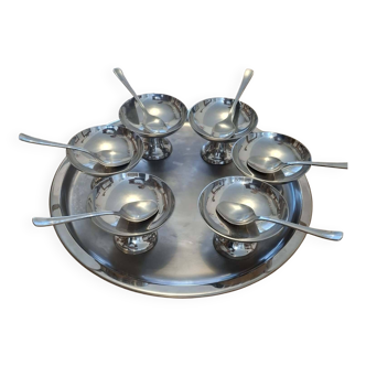 Vintage stainless steel ice cream service 18/10 – 6 bowls + 6 spoons + tray – Gu