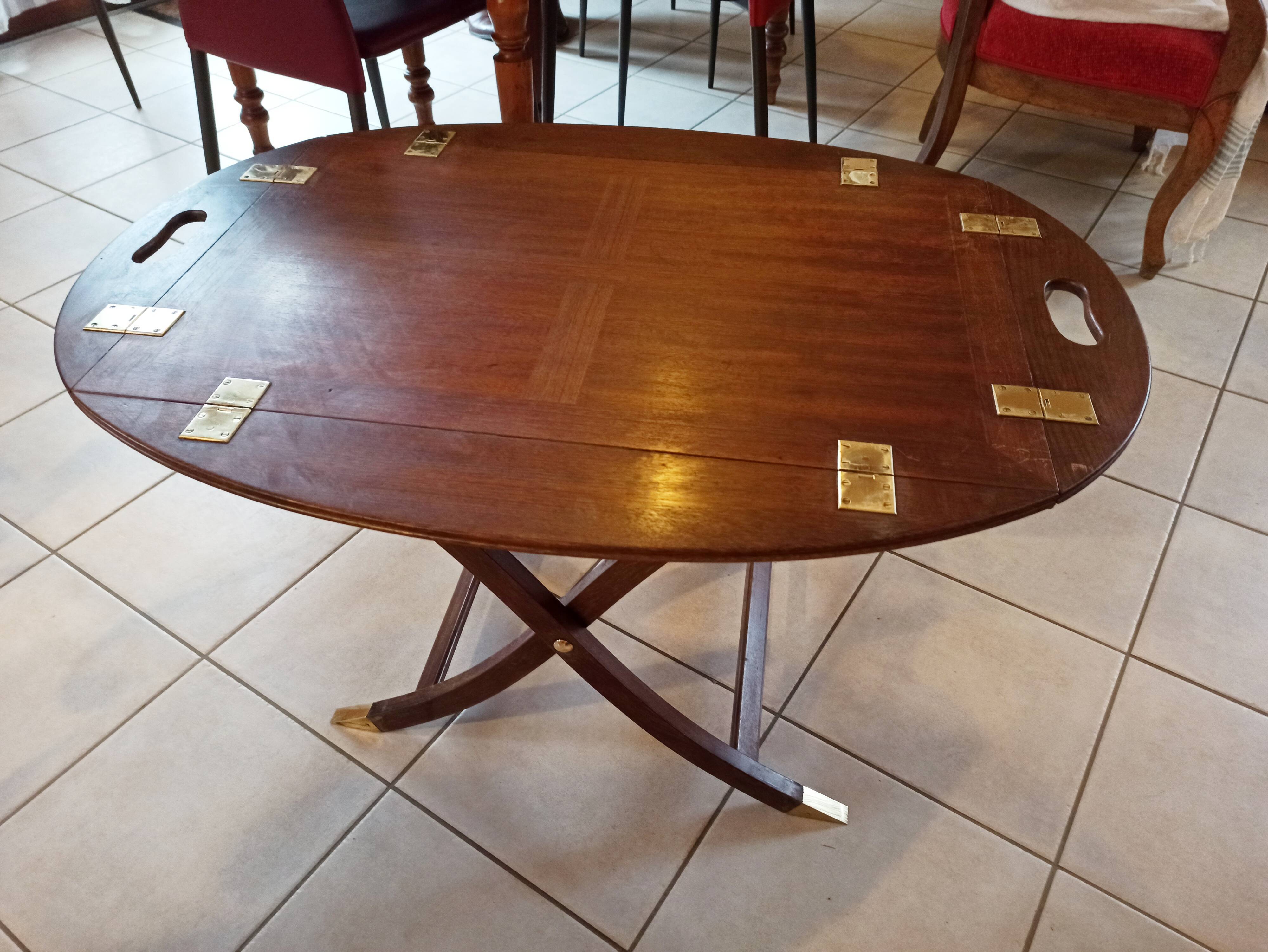 Folding coffee table type Butler marine boat wood and brass mahogany