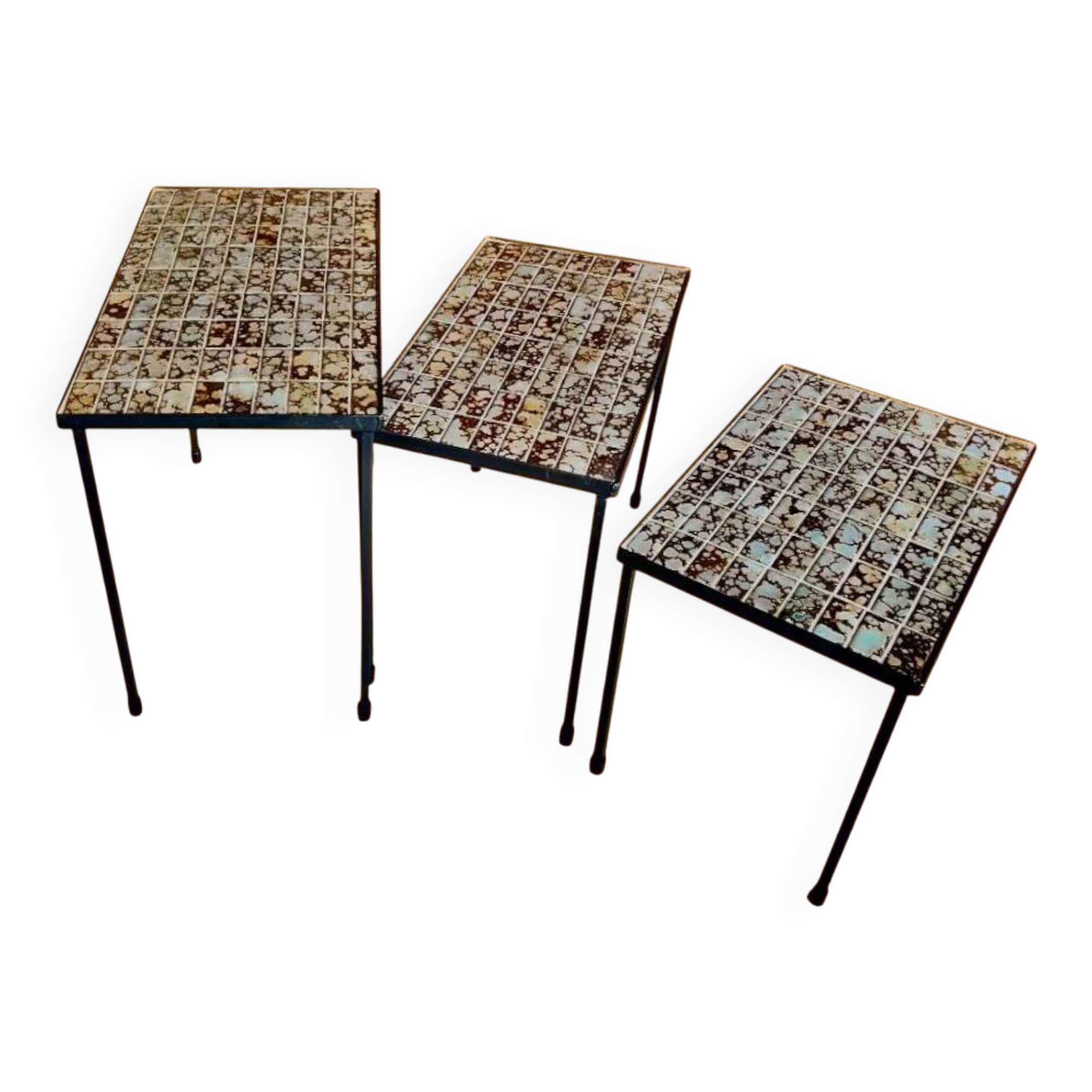 Tables gigognes en céramique, mosaïque et métal noir, années 60-70