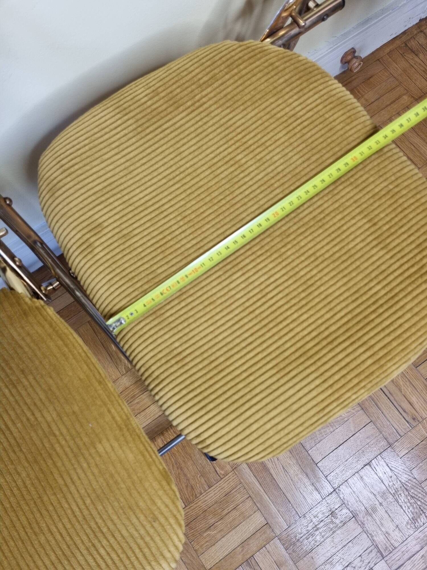 Pair of vintage folding chairs in gilded metal and 70s fabrics, restored