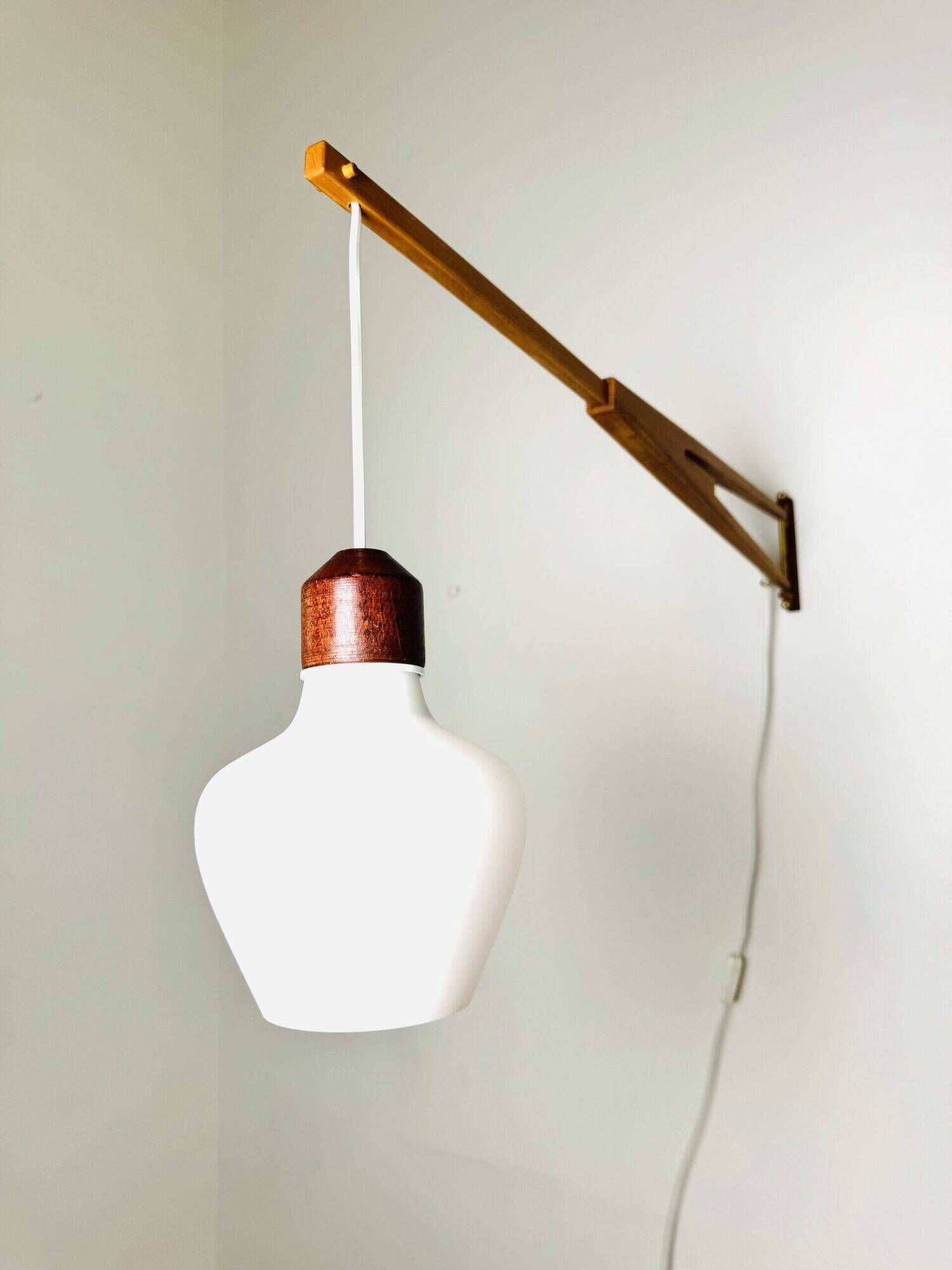 Large Extendable Swivel-Arm Wall Lamp In Wood And Opal Glass, Sweden 1950S
