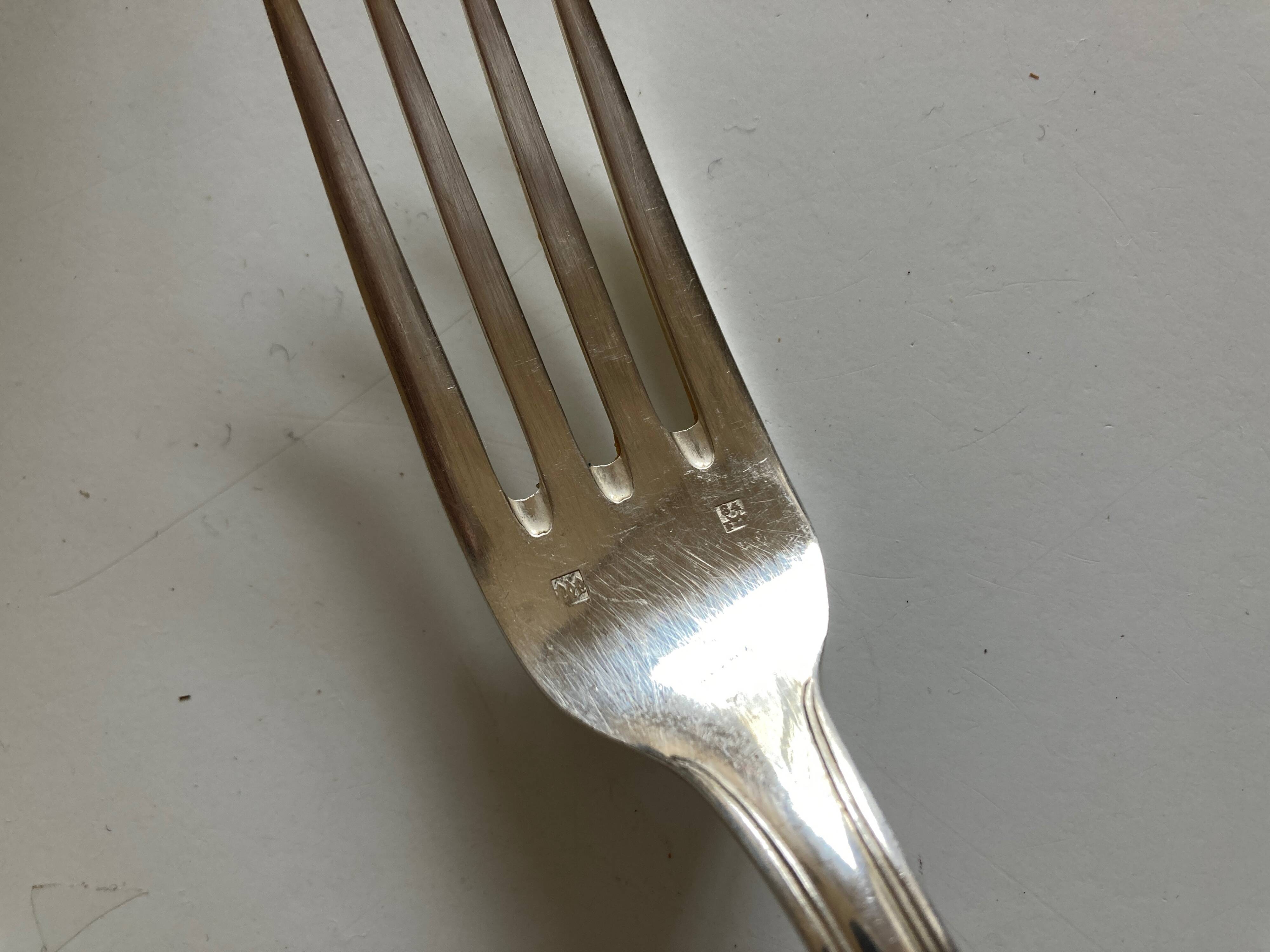 Set of 6 forks, 6 spoons, 6 small modernist spoons in silver metal