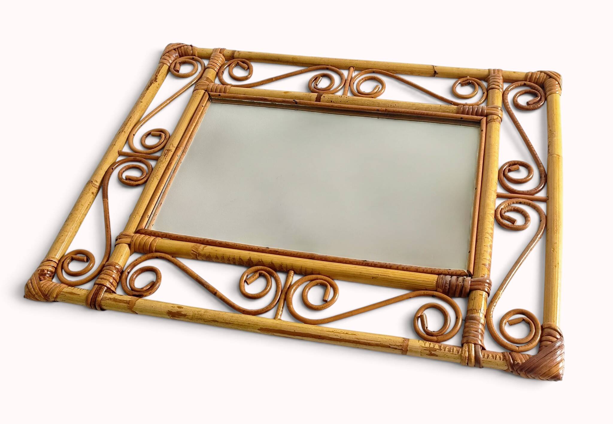 Vintage 1970s Spanish Handmade Bamboo and Rattan Wall Mirror