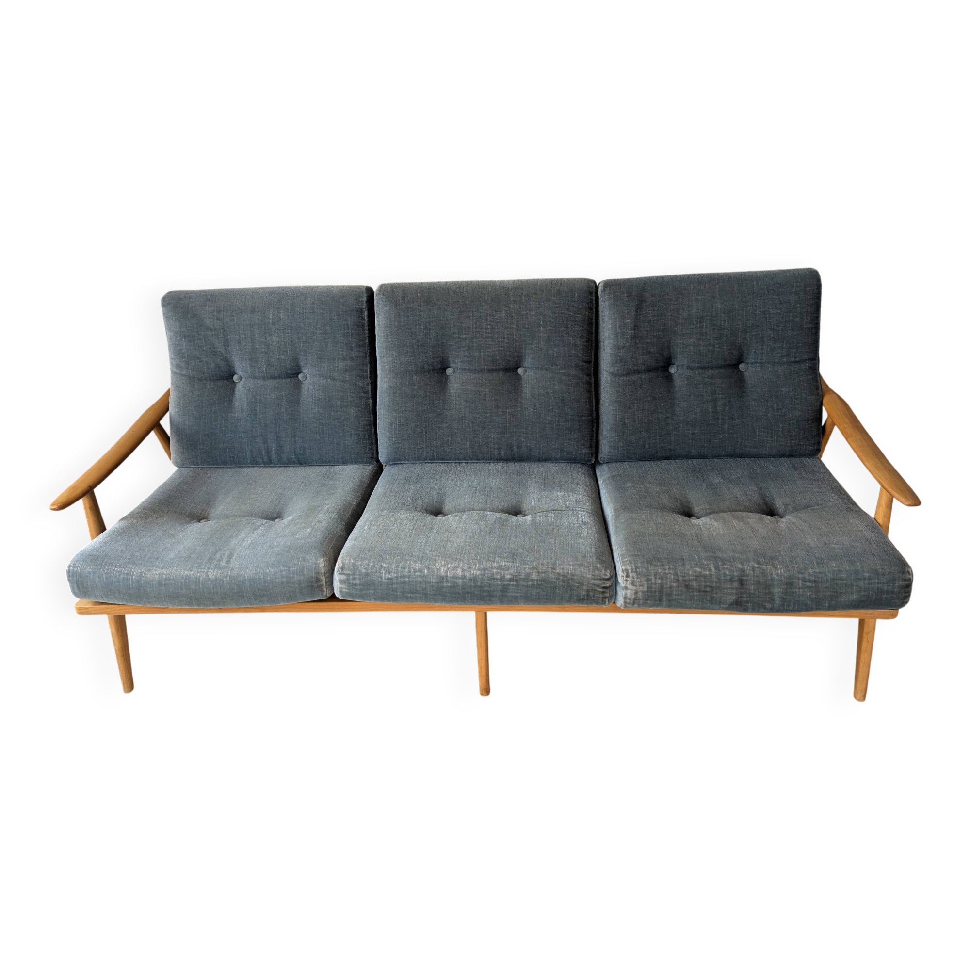 Banquette velours et bois clair, scandinave vers 1960/70
