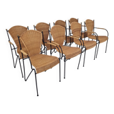Set of 8 Wicker and Iron Armchairs by Frederic Weinberg, USA, 1950s
