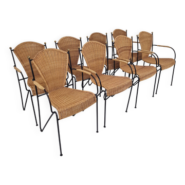 Ensemble de 8 fauteuils en osier et fer de Frederic Weinberg, États-Unis, années 1950.