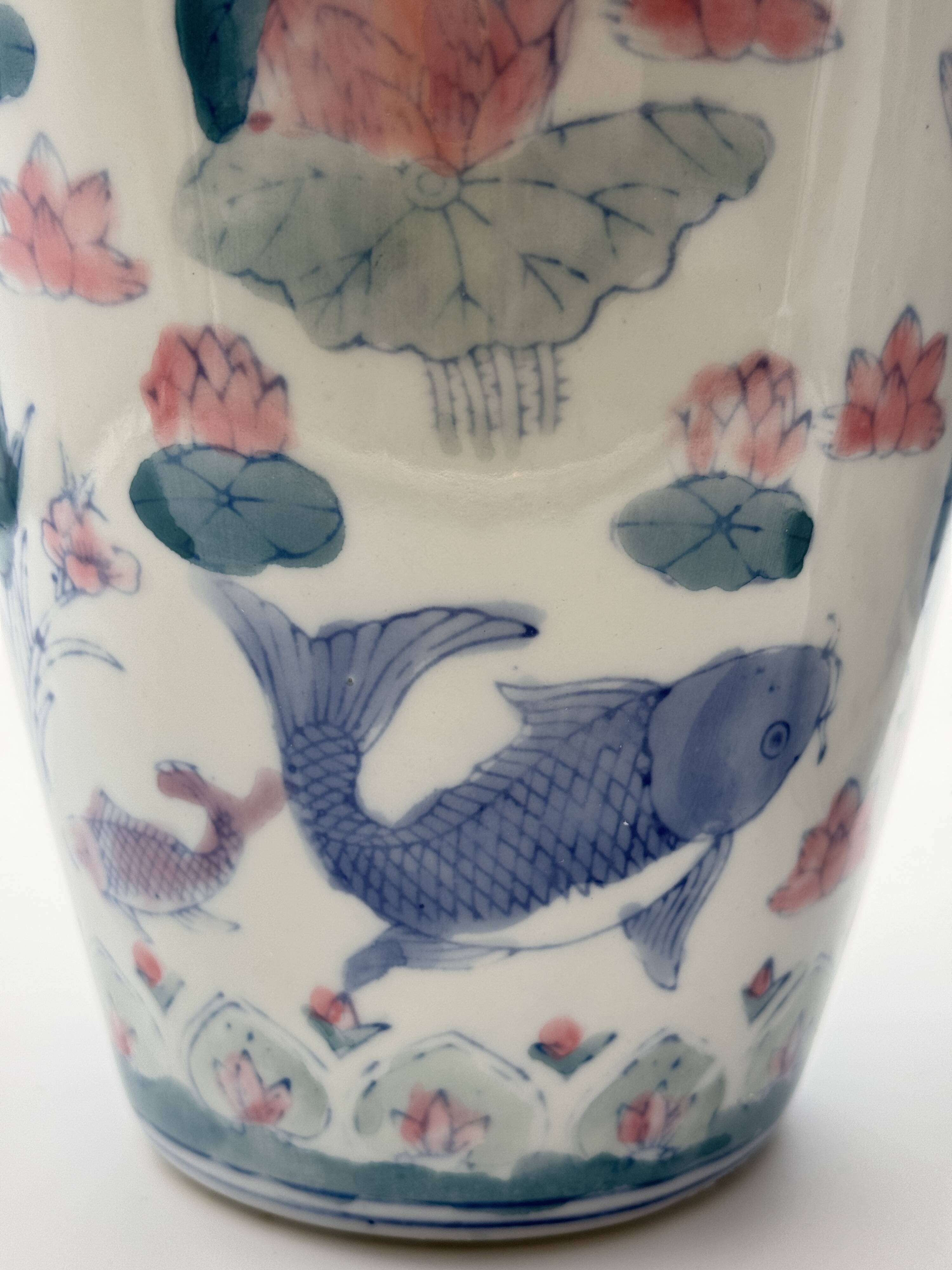 Pair of Baluster Vases Chinese Porcelain - Lotus & Carp - H35cm