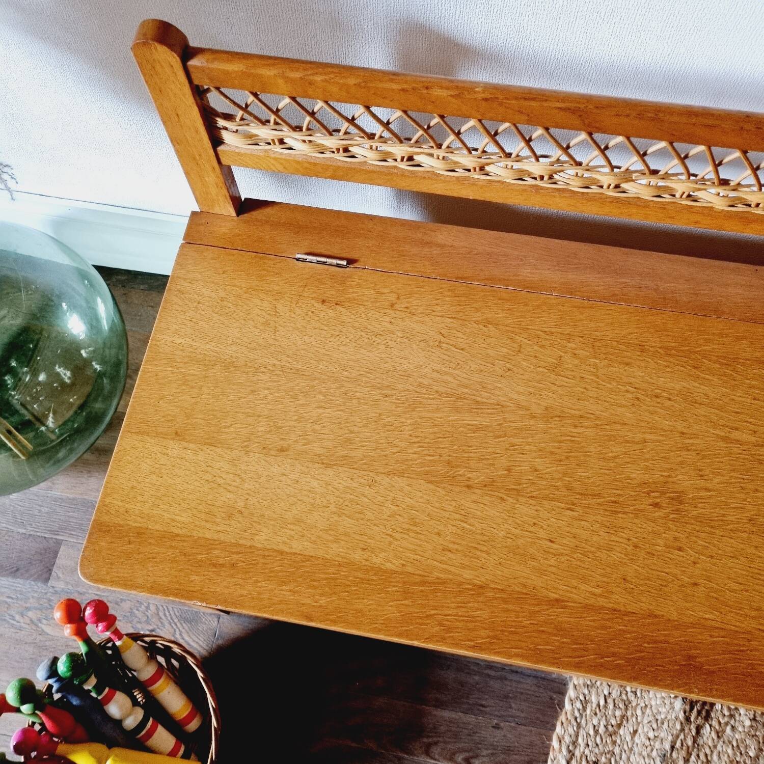 Oak and rattan chest bench 1960
