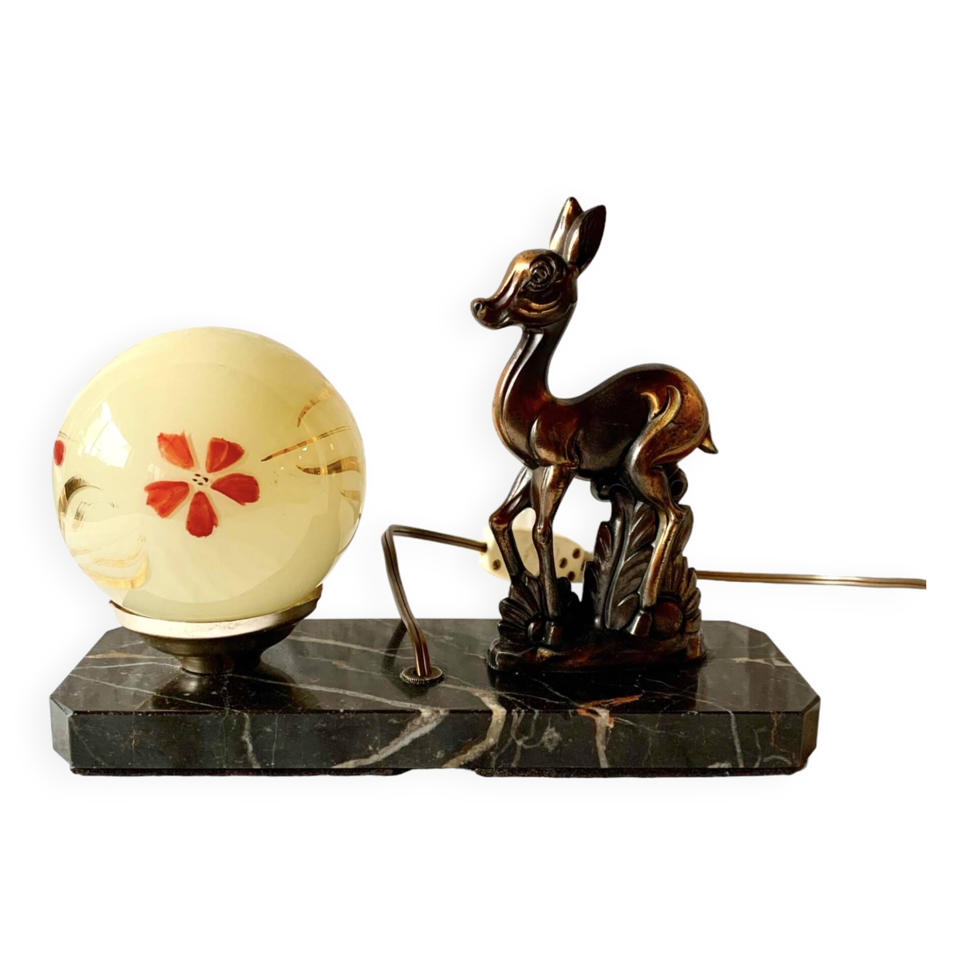 Art Deco bedside lamp - Globe and fawn on marble base
