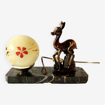 Lampe de chevet Art Déco- Globe et faon sur socle en marbre