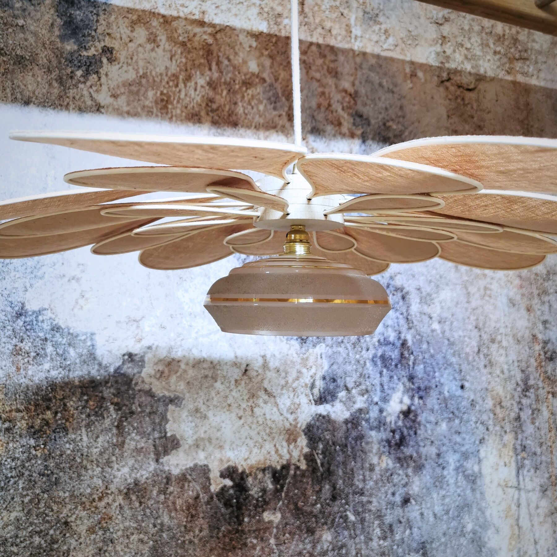 Vintage antique globe pendant lamp and linen and rattan petals