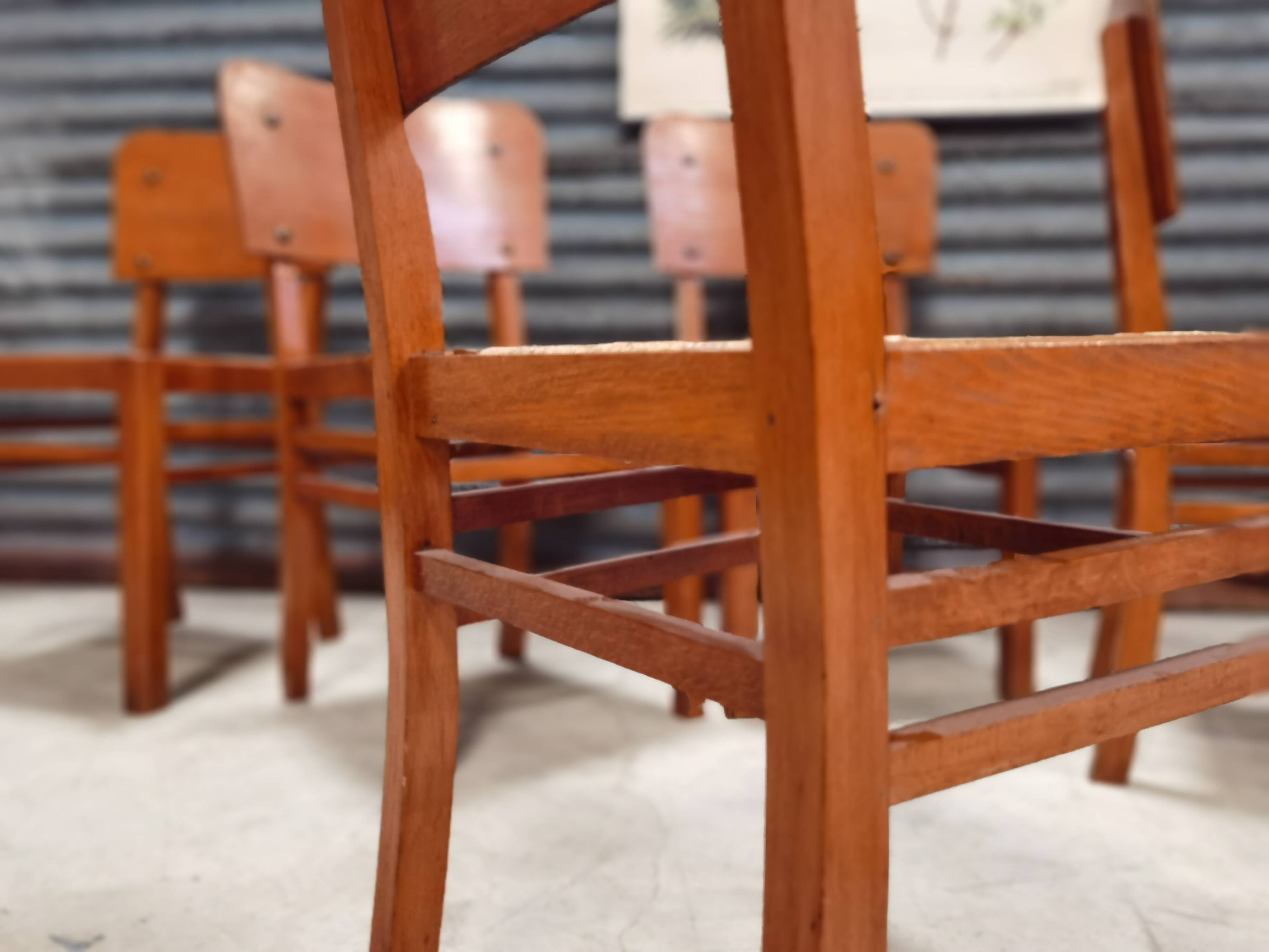 Set of 6 straw wood chairs 1950