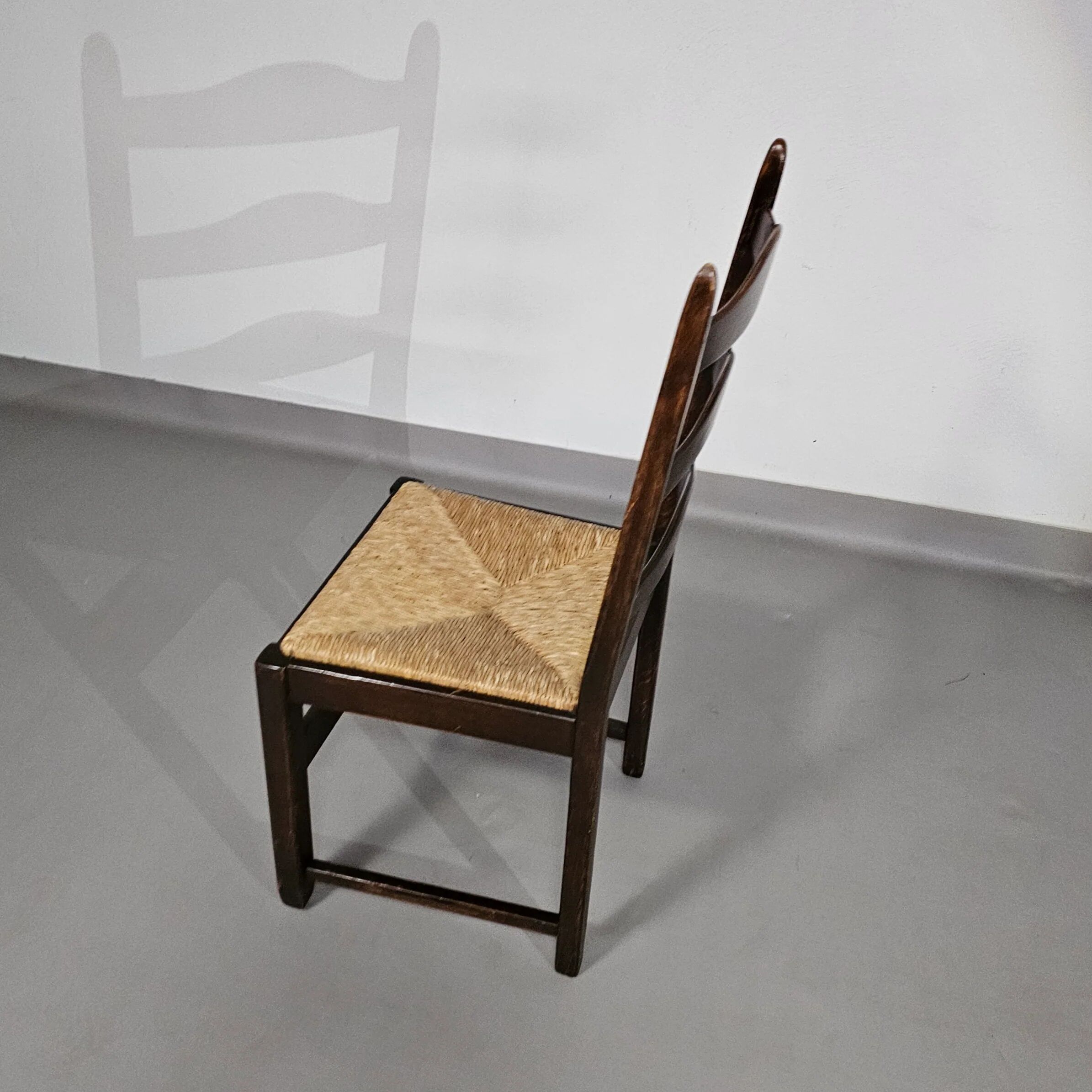 Set of 2 oak, rustic, farmhouse, ladderback dining chairs with rush seats