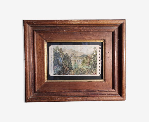 Tableau aquarelle vintage des Pyrénées, signée GD