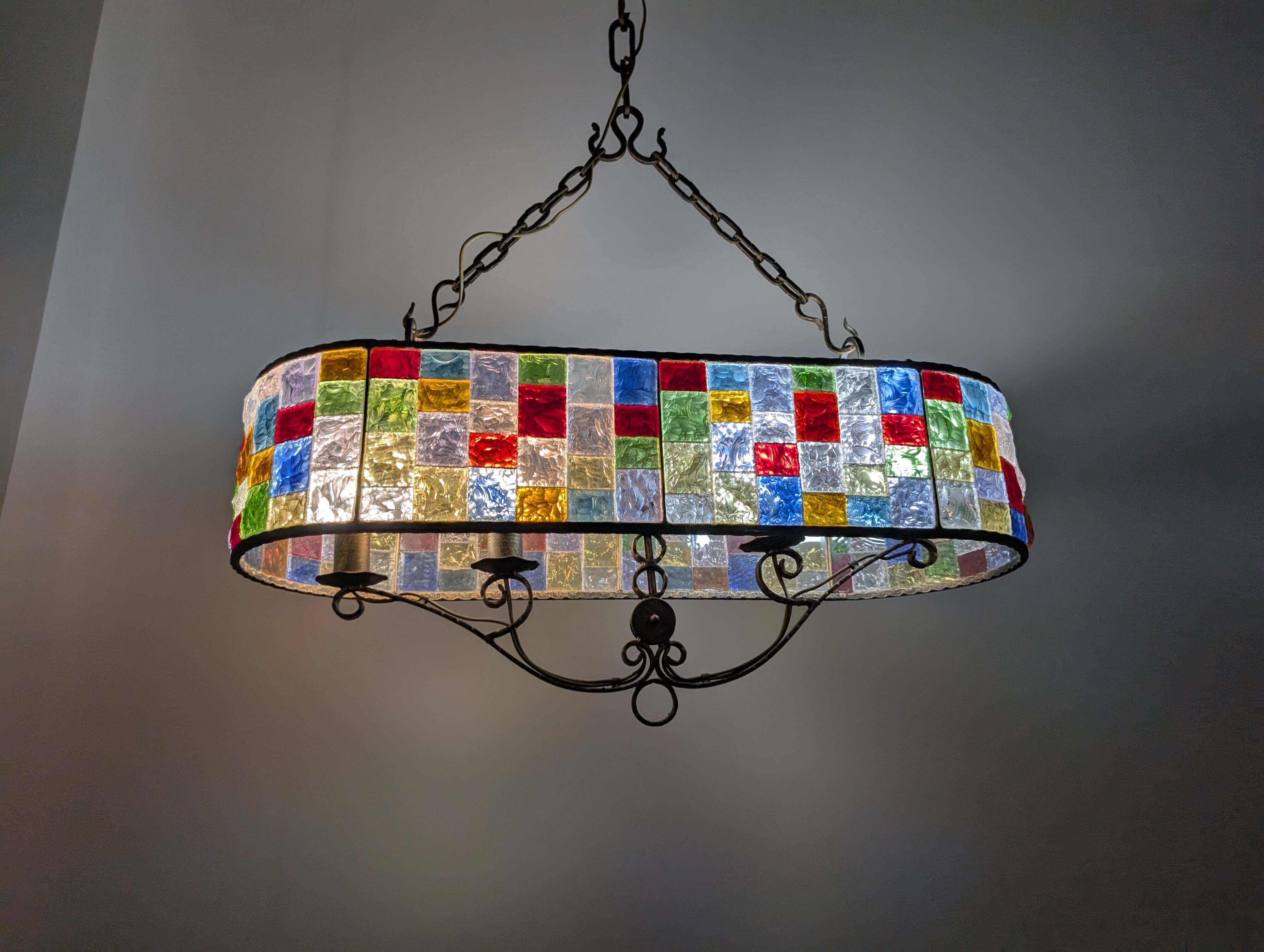 Large Italian Multi-Colored Hammered Crystal and Wrought Iron Chandelier