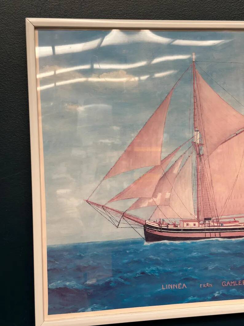 Swedish original print on paper – "Boat at Sea" by Egil Bergström – Signed – vintage and framed – 60.5 × 50.5 cm (23.8 in × 19.8 in)