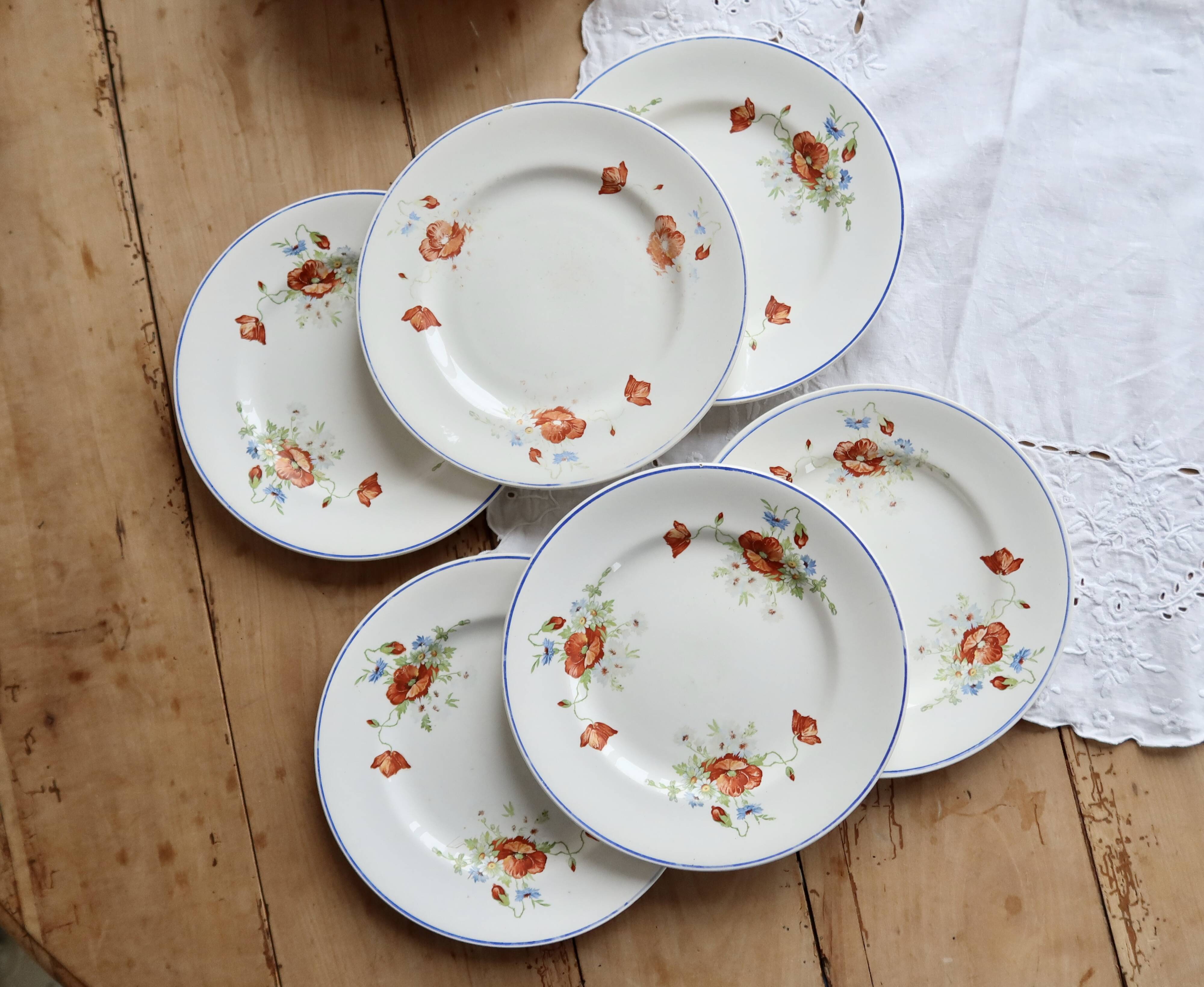 6 assiettes plates anciennes faience Salins - Modèle coquelicot
