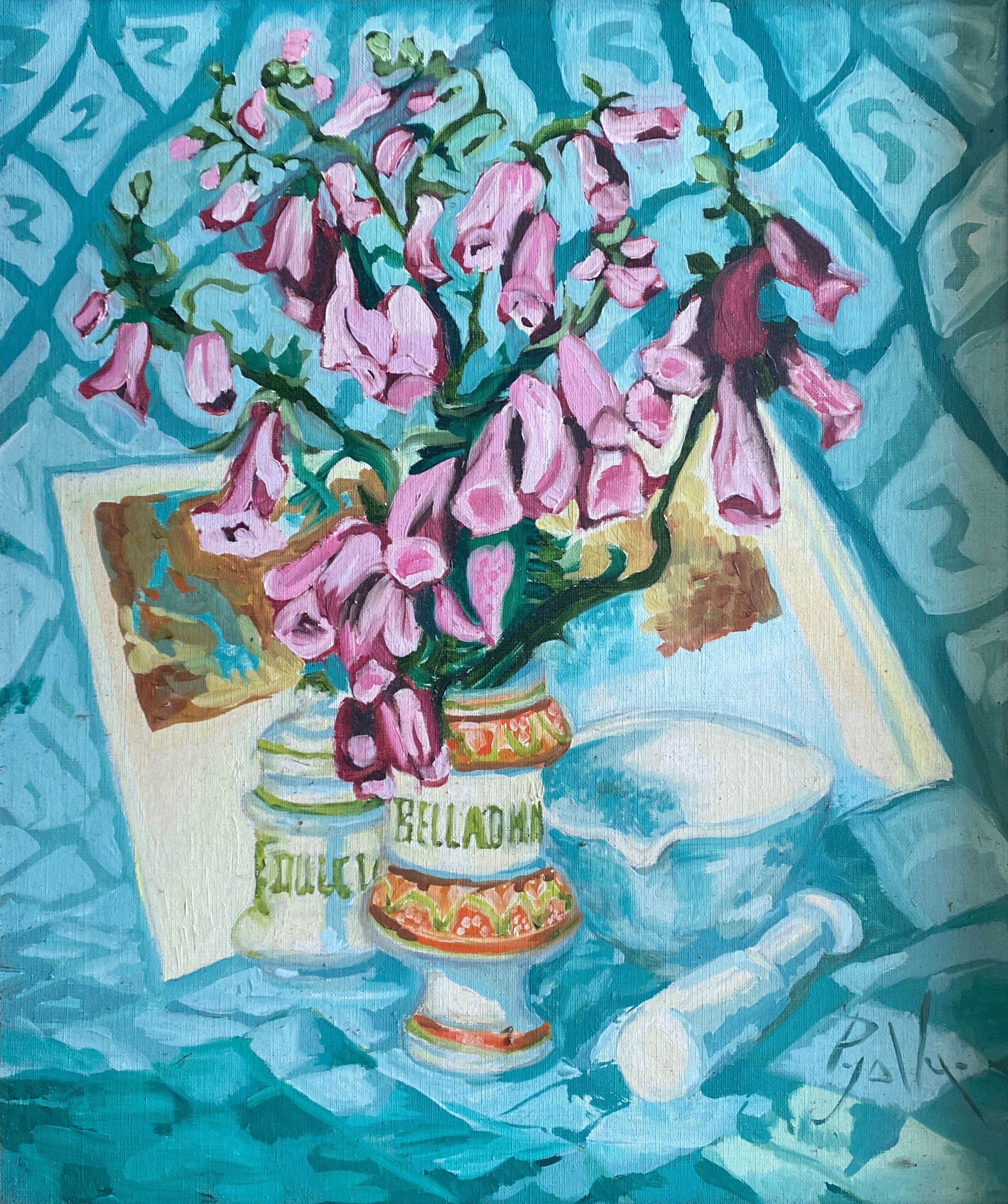 Painting "Bouquet of foxgloves" apothecary pot signed P. Jally and frame