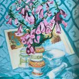 Painting "Bouquet of foxgloves" apothecary pot signed P. Jally and frame