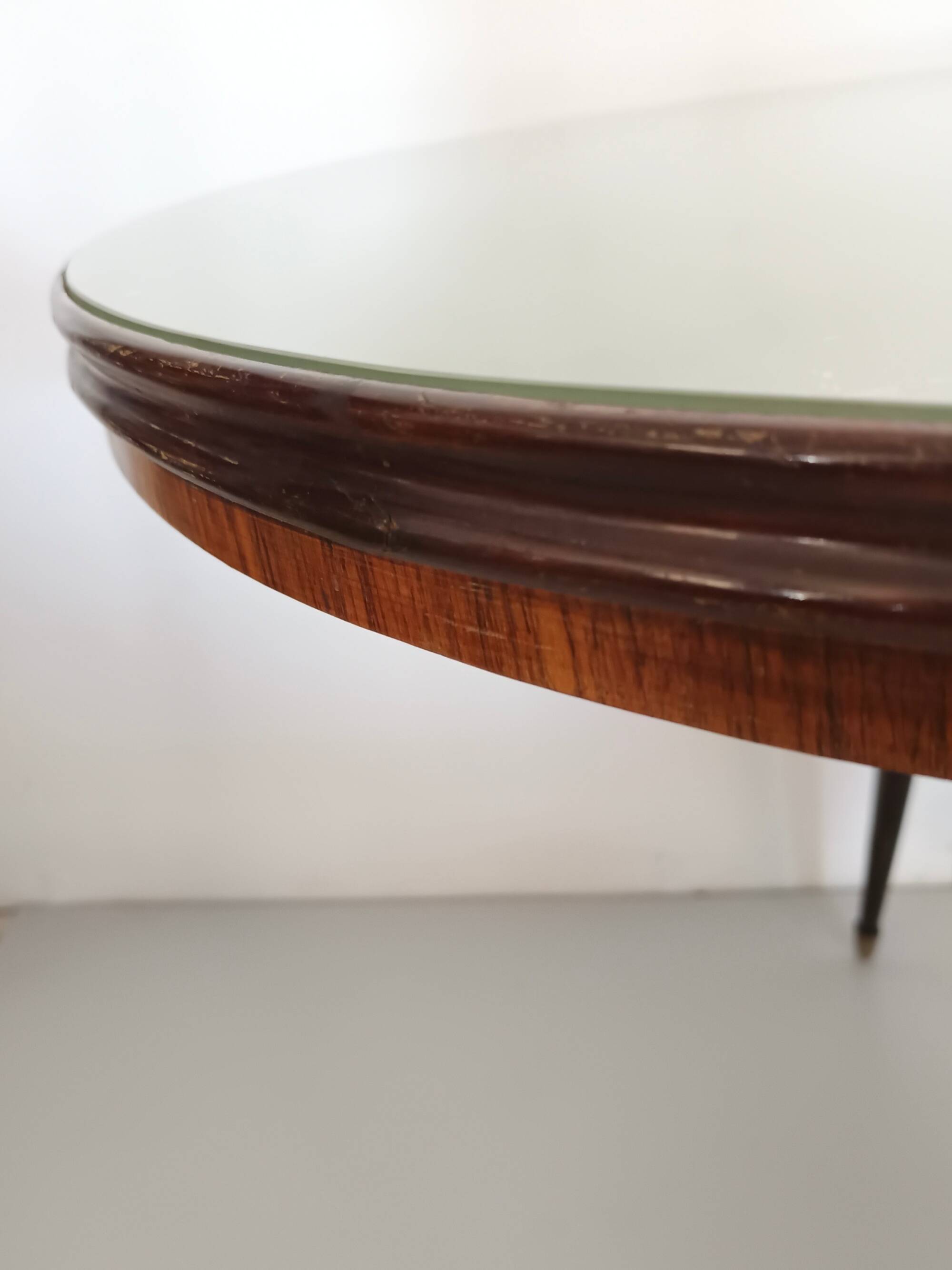 Vintage Beech and Walnut Dining Table with an Oval Gray Glass Top, Italy
