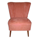 Fauteuil cocktail années 1950 marron et saumon en tissu, piètement bois