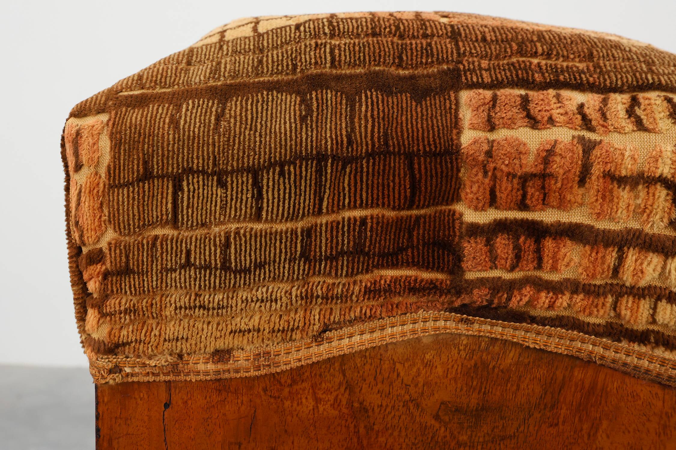Art Deco walnut stool with original velvet upholstery, Italy 1920s