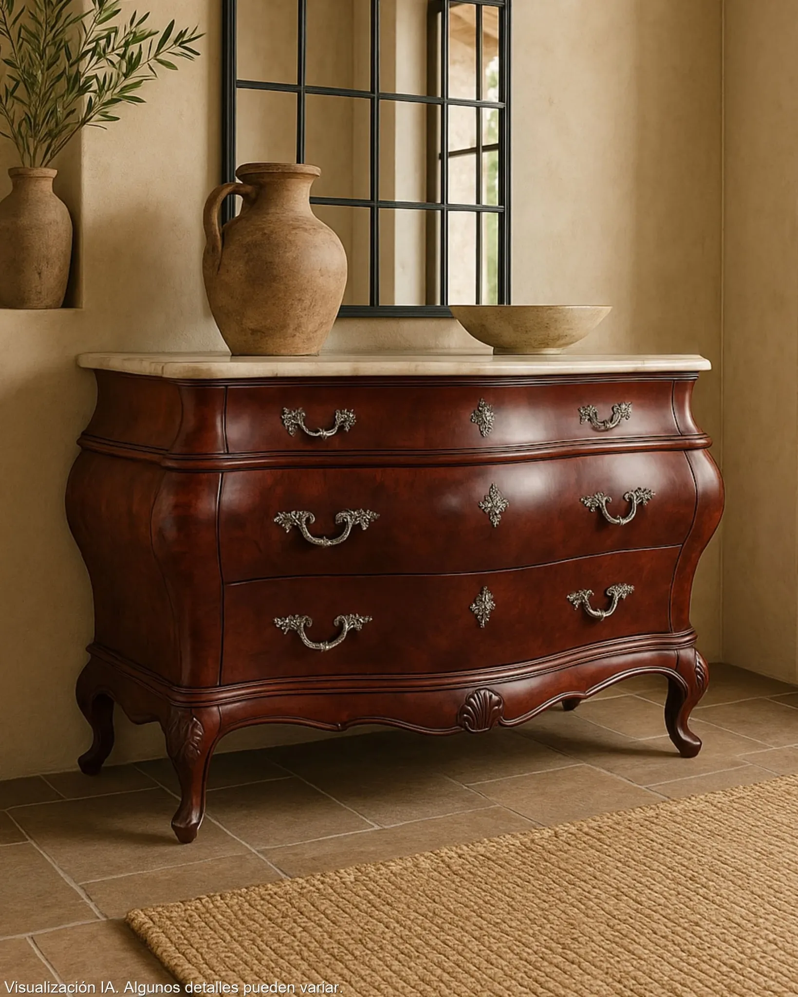 Commode galbée de style Louis XV en ronce d'acajou, dessus de marbre