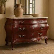Commode galbée de style Louis XV en ronce d'acajou, dessus de marbre