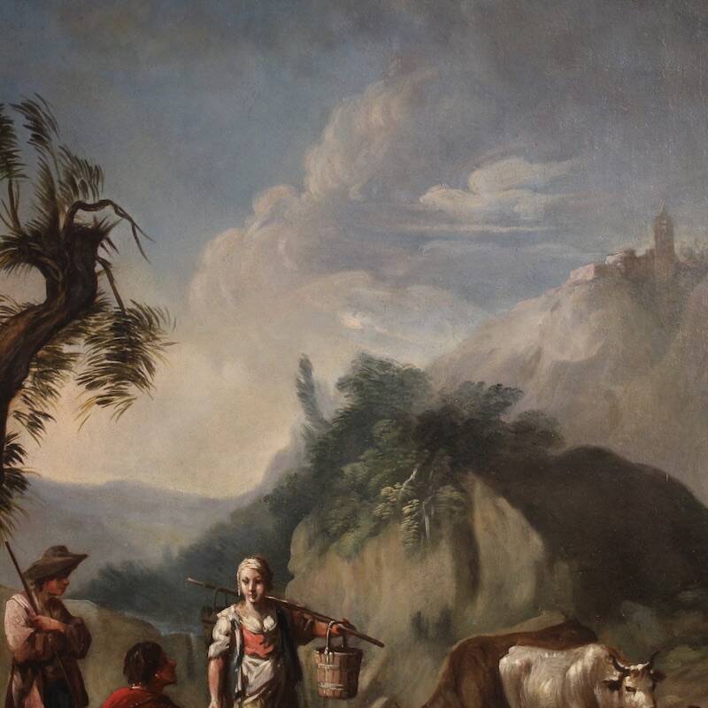 Great 18th century Italian painting, landscape with genre scene