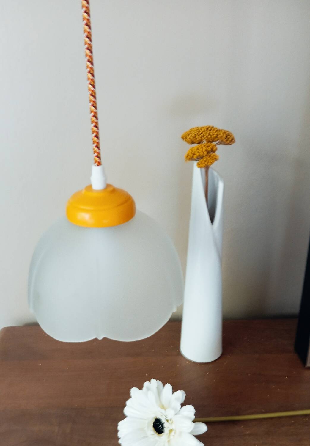 Vintage white frosted corolla glass pendant light, orange pixel cord