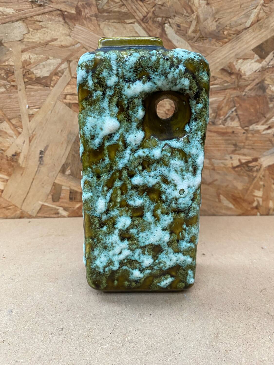 Ancien vase marei forme rectangle fat lava vert & blanc vintage