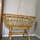 Wicker and rattan baby bed cradle with sail hoops on wheels