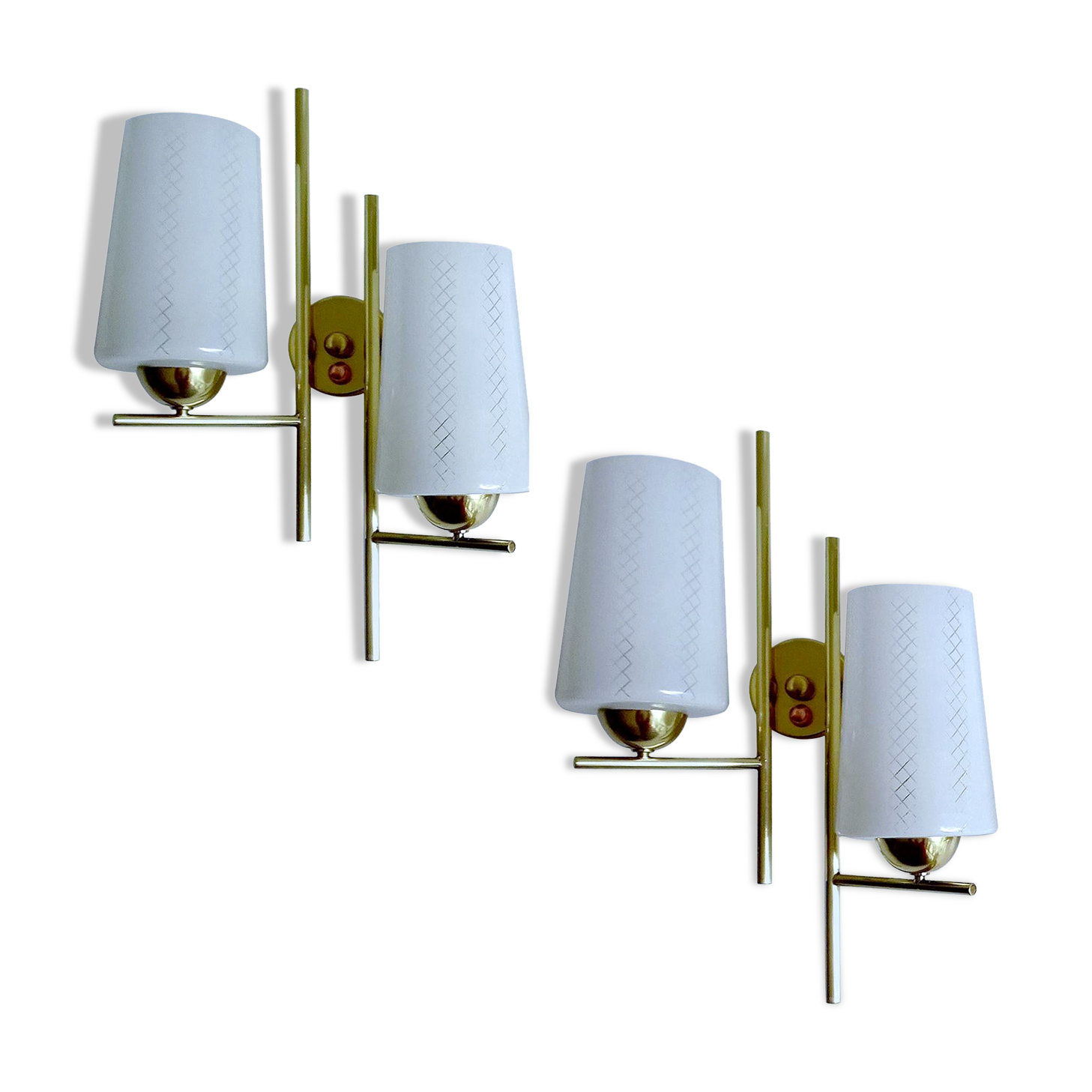 Pair vintage wall lamps 60 glass brass