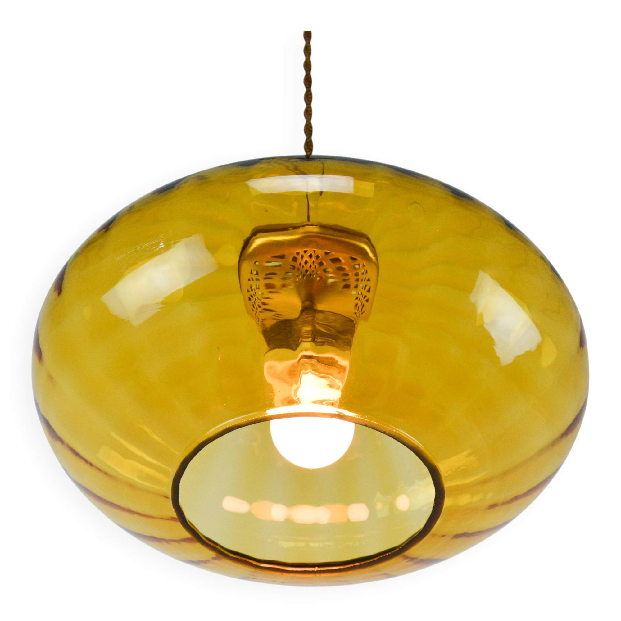 Mid-Century Brass and Amber Glass Pendant Lamp