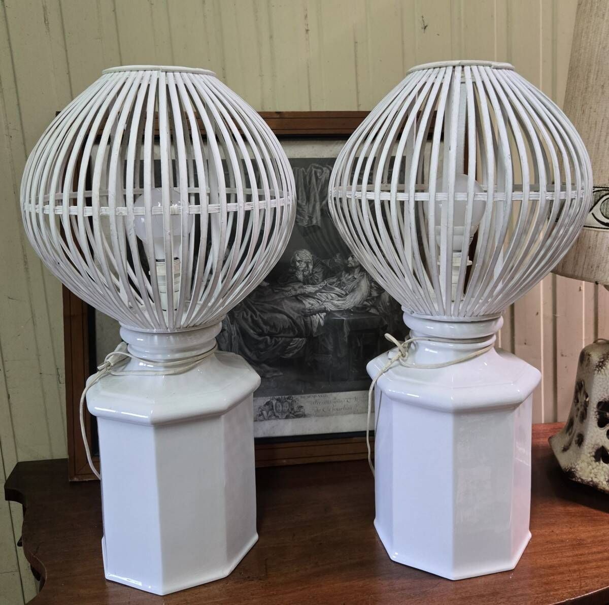 a pair of very large modernist lamps in painted ceramic and wood
