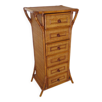 Semainier 6 tiroirs en bois, bambou et rotin tressé, années 60