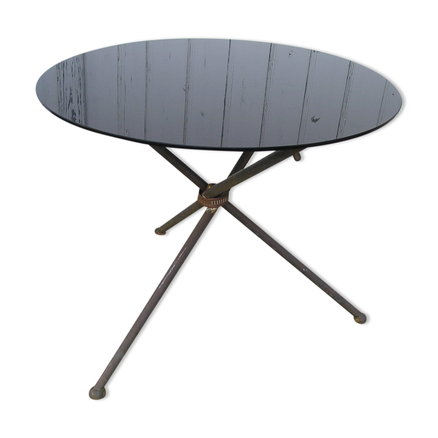 Table basse ronde tripode en laiton et verre 1970